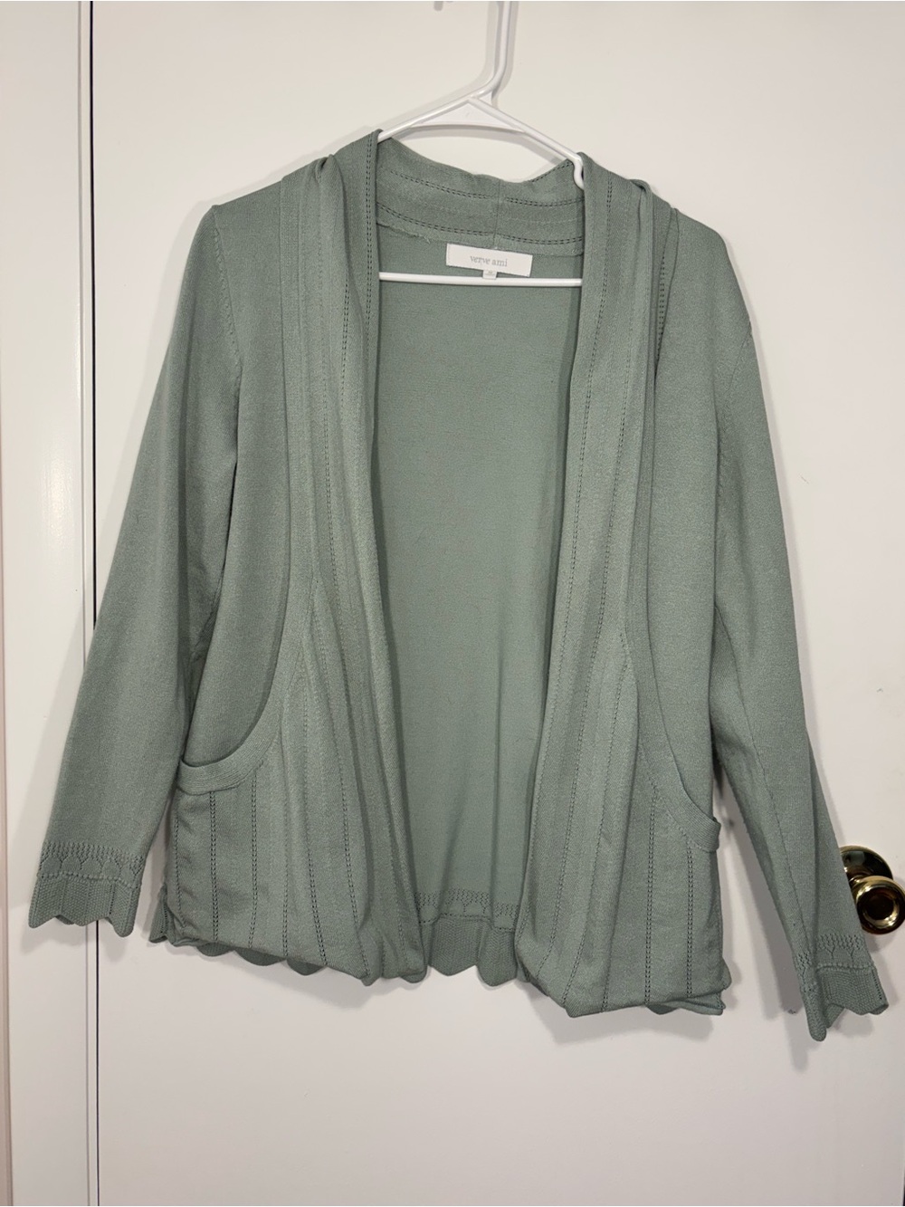 Verve Ami Sage Green Open-Front Knit Cardigan with Pockets